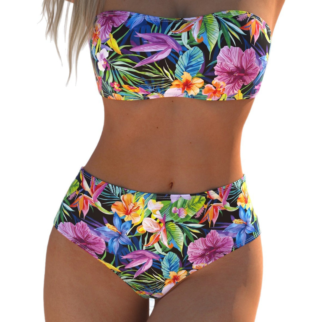 Damen Bandeau-Bikini mit hohem Taillenschnitt und buntem Tropenmotiv Drune