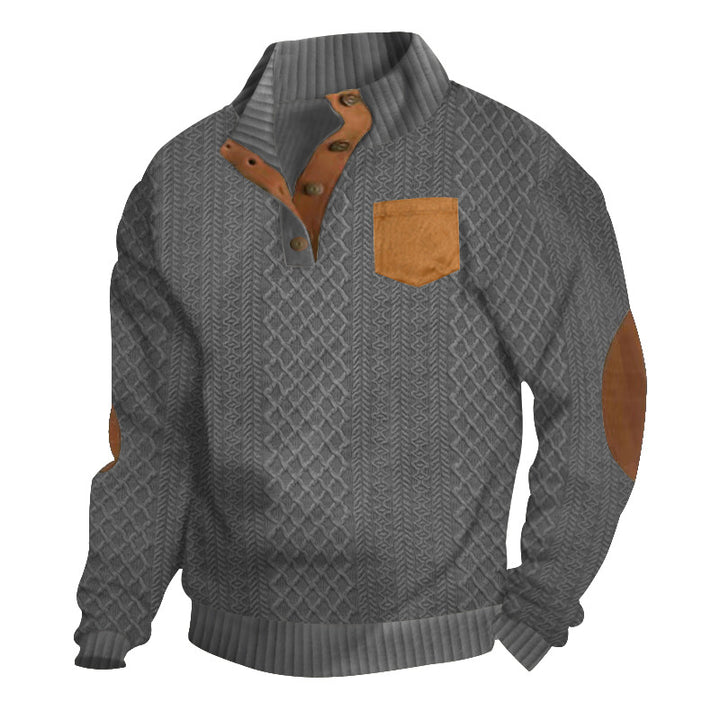 Herren nan Zopfmuster-Strickpullover mit Stehkragen Knopfleiste aufgesetzter Brusttasche und Lederoptik-Ellenbogenpatches Drune