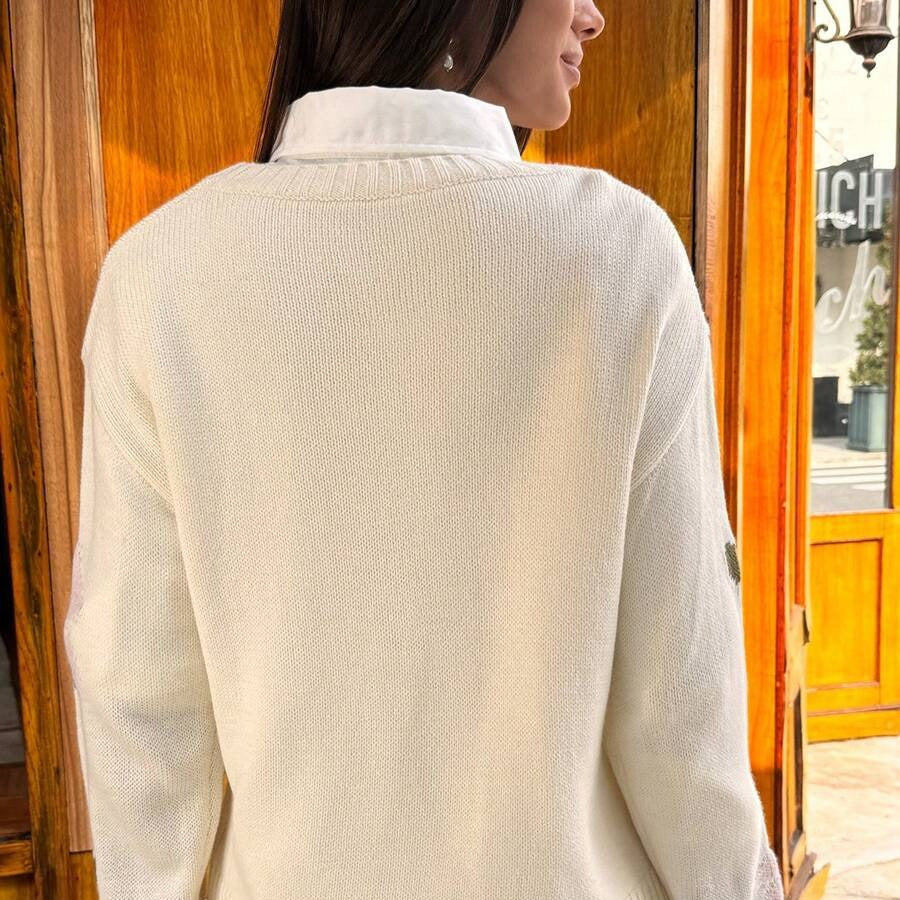 Damen Strickpullover mit floralen Applikationen und Rundhalsausschnitt Drune