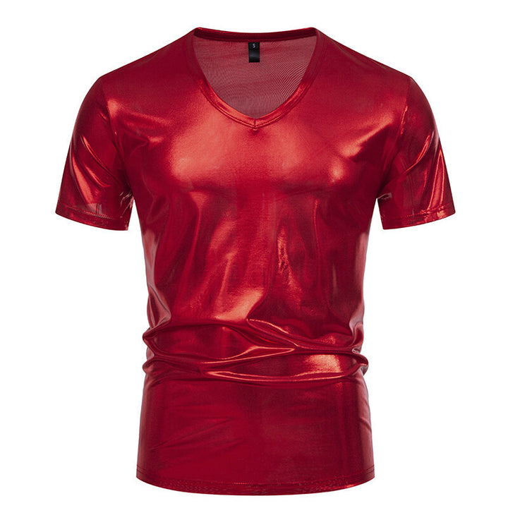 Herren Glänzendes Metallisches V-Ausschnitt T-Shirt Drune