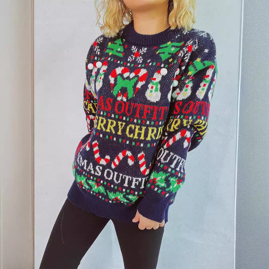 Damen weihnachtlicher Pullover mit bunten Motiven und lustigen Applikationen Drune