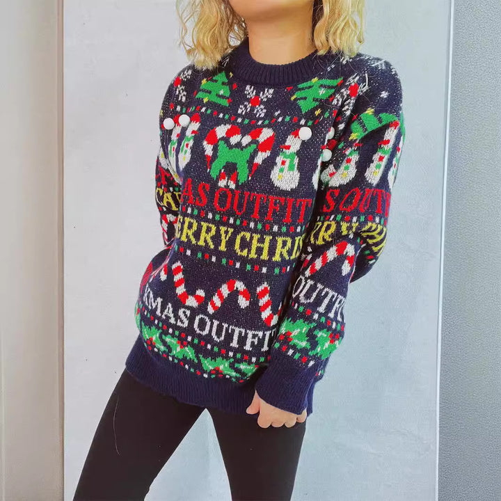 Damen weihnachtlicher Pullover mit bunten Motiven und lustigen Applikationen Drune
