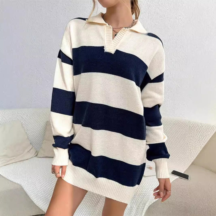 Damen Pullover-Kleid mit modernem Streifenmuster und detailreicher Knopfleiste Drune