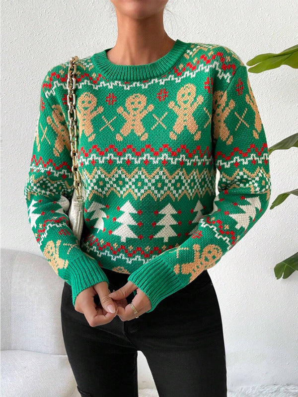 Damen festlicher Weihnachtspullover mit verspieltem Lebkuchenmotiv und klassischem Rundhalsausschnitt Drune
