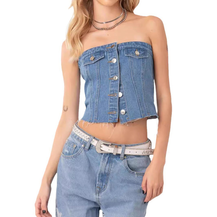 Damen Denim-Crop-Top mit gestricktem Überwurf Drune