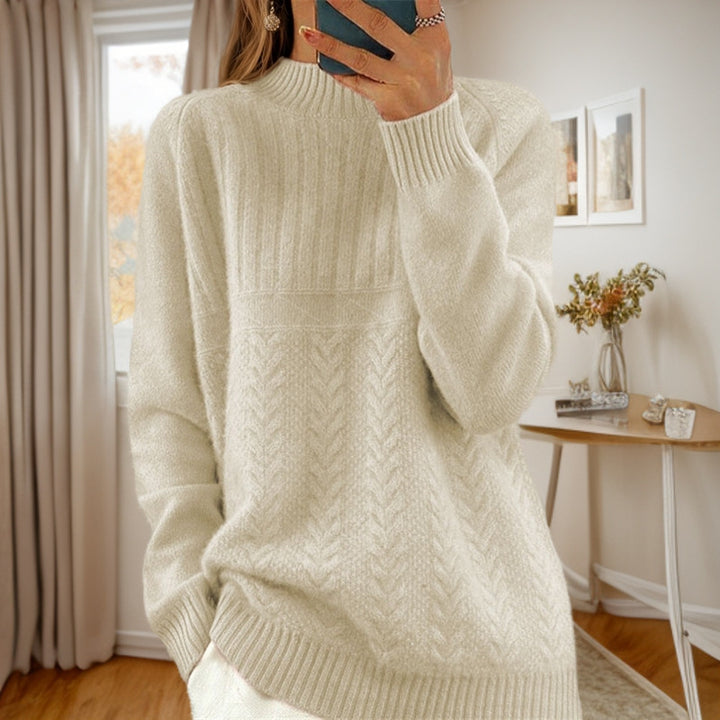Damen Strickpullover mit kreativem Zopfmuster und hohem Kragen Drune