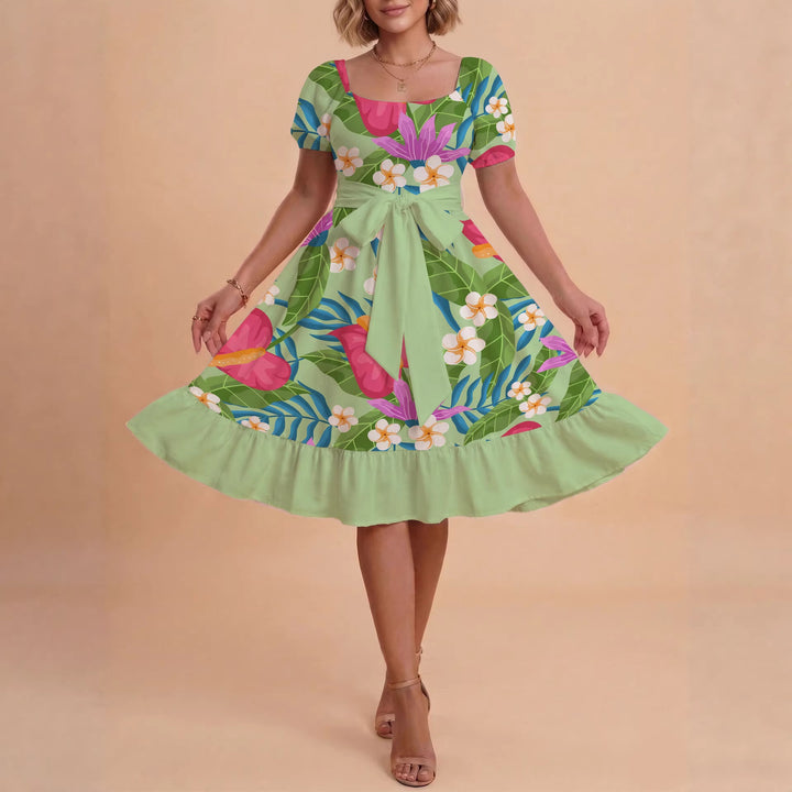 Damen Sommerkleid mit floralem Puffärmel und taillierbarem Gürtel Drune