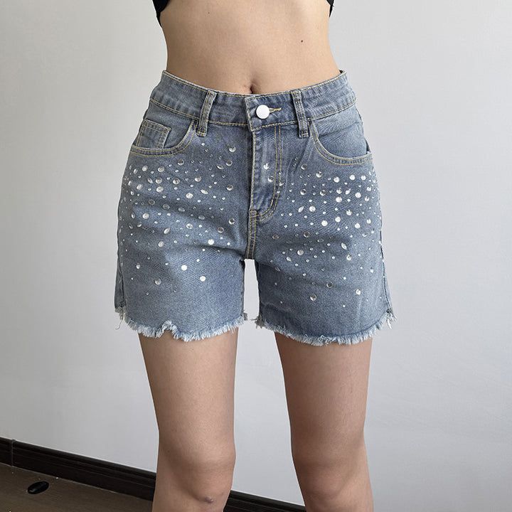 Damen Designer-Shorts mit funkelnden Strass-Steinen und fransigem Saum Drune