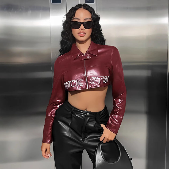 Damen trendige cropped Kunstlederjacke mit ausgefallenem Verschluss Drune
