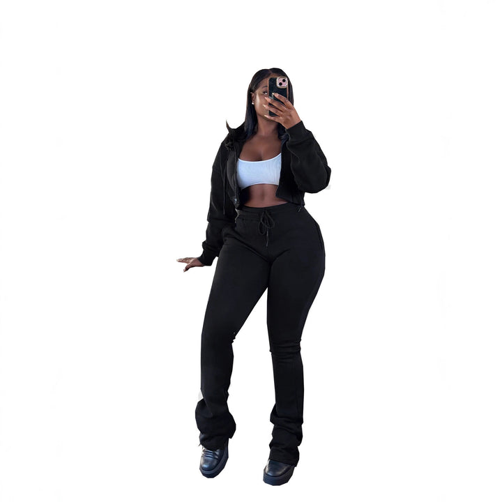 Damen nan kurz geschnittenes Zip-Hoodie und Highwaist-Jogginghose-Set mit Kordelzug und leicht gerafften Knöchelabschlüssen Drune