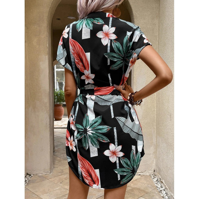 Damen Wickelkleid mit modischem Blumenmuster und elegantem Taillengürtel Drune