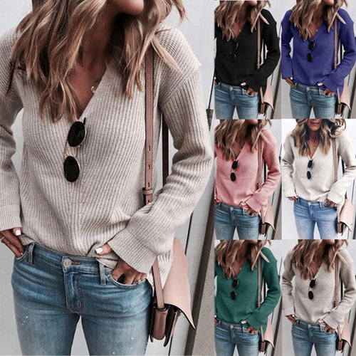 Damen V-Ausschnitt Strickpullover mit weichem Rippenmuster Drune