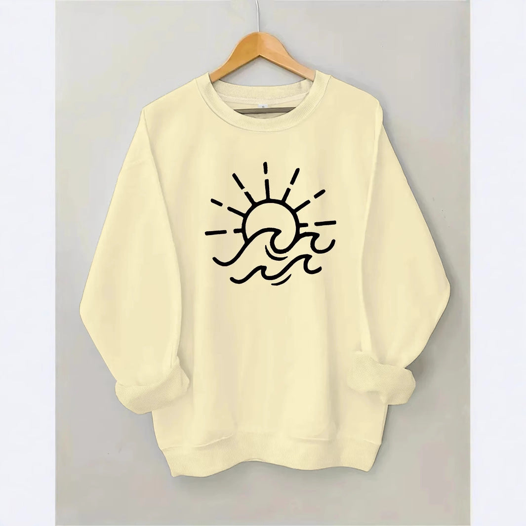 Damen Sweatshirt mit kreativem Sonnen- und Wellenmotiv Drune