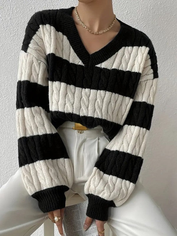 Damen Grobstrickpullover mit modischem V-Ausschnitt und buntem Streifenmuster Drune