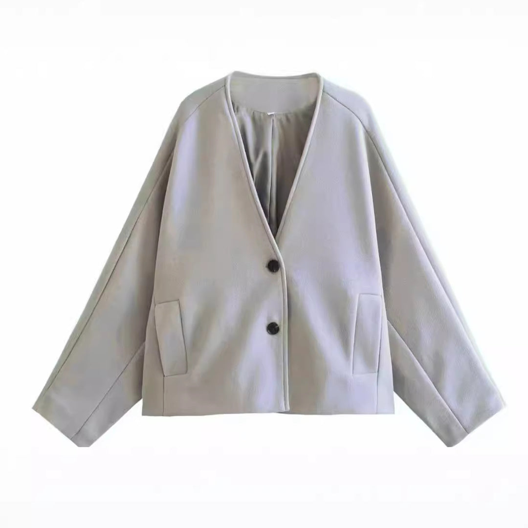Damen nan oversized V-Neck Kurzjacke aus Wollmix mit Raglanärmeln und aufgesetzten Taschen Drune