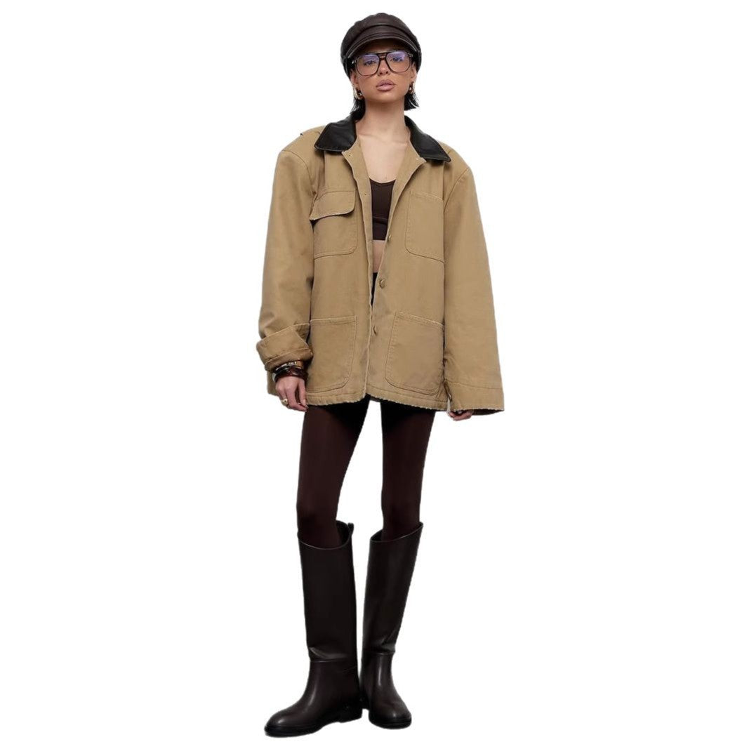 Damen lässige Oversized-Jacke mit ledernem Kragen und praktischen Taschen Drune