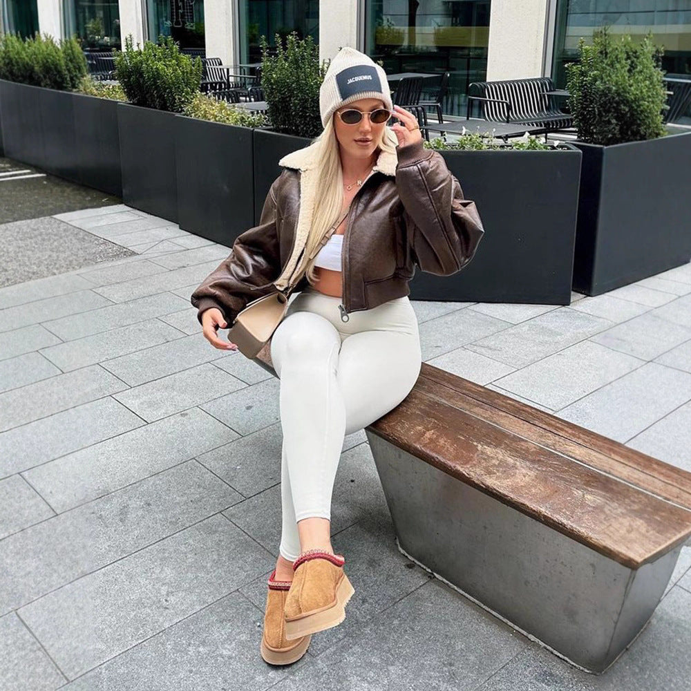 Damen cropped Kunstlederjacke mit Innenfutter aus Plüsch Drune