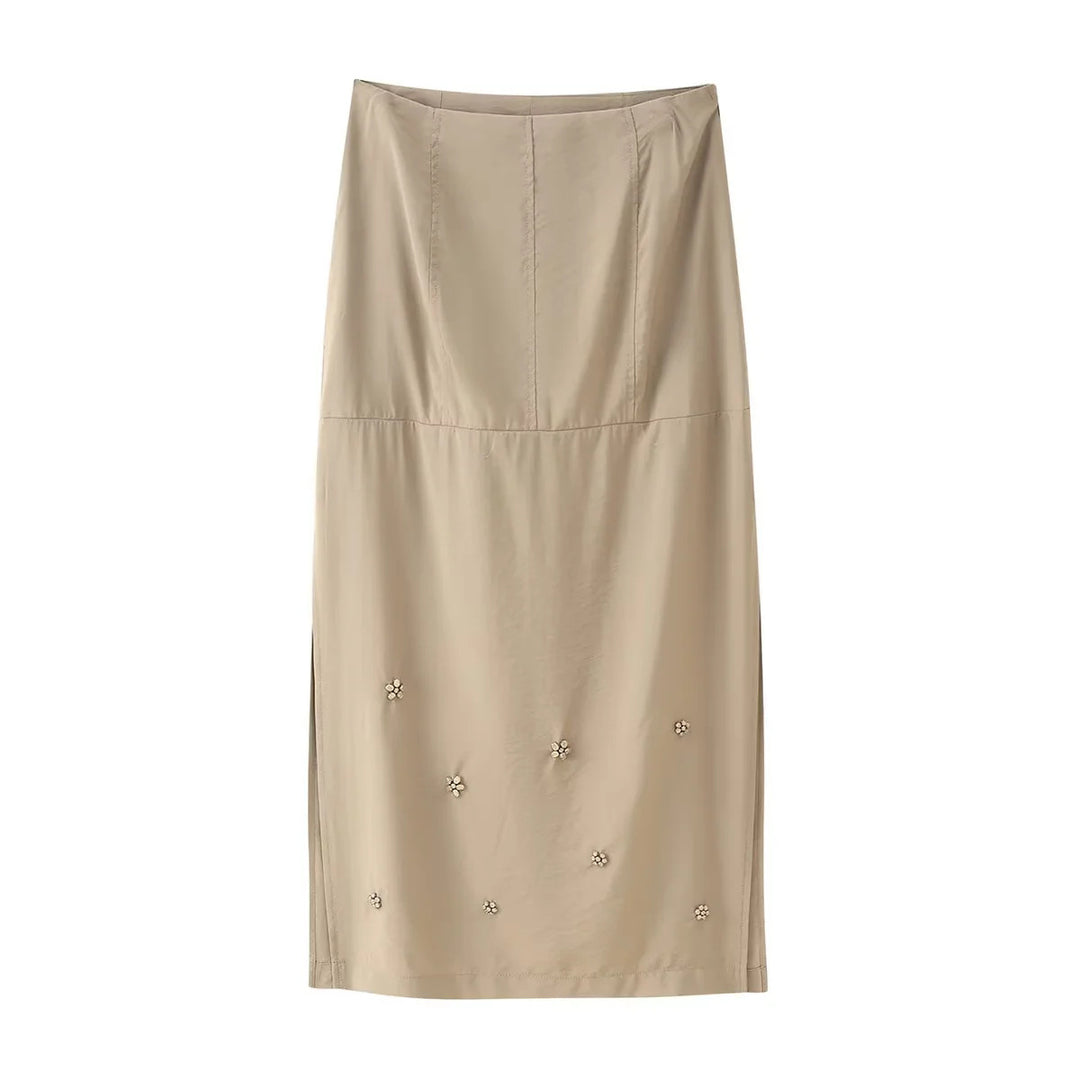 Damen eleganter Midirock mit floralen Applikationen Drune