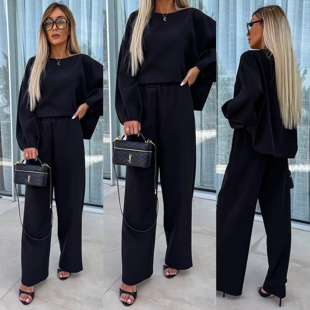 Damen elegantes Zweiteiler-Set mit weitem Oberteil und palazzo Hose Drune