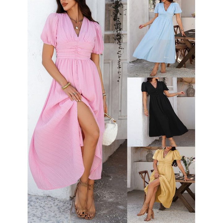 Damen Maxikleid mit raffinierten Puffärmeln und tailliertem Schnitt Drune