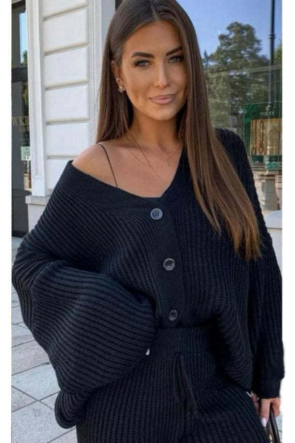Damen lässiges Strick-Loungewear-Set mit Knopfdetails Drune