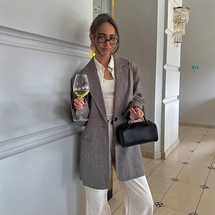 Damen Oversized Blazerjacke mit edlem Karomuster und praktischen Taschen Drune