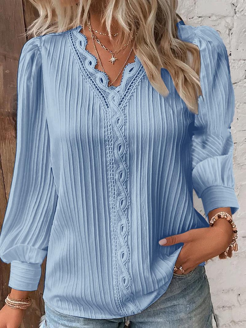 Damen nan romantische V-Ausschnitt Spitzenbluse mit Plissee und Puffärmeln Drune
