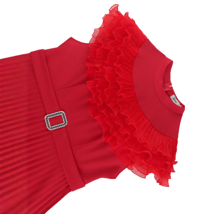 Damen plissiertes Abendkleid mit Volant-Ausschnitt und Taillengürtel Drune