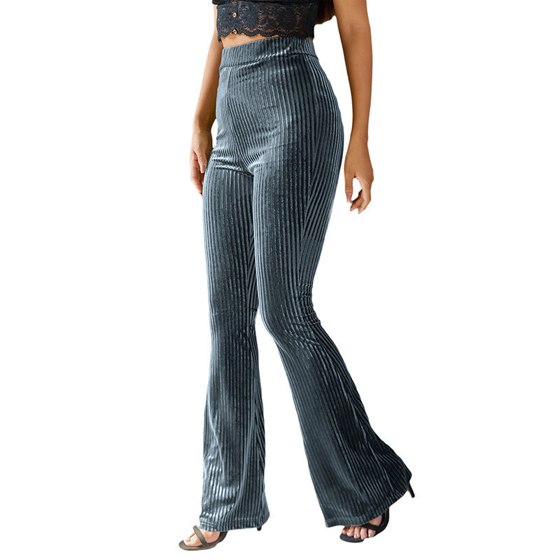Damen elegante Flare-Hose aus samtigem Material mit feinem Streifenmuster Drune