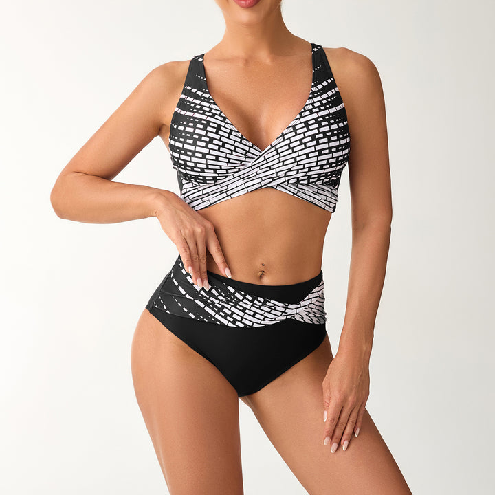 Damen Hochtailliertes Bikini-Set mit geschnürtem Oberteil und grafischen Akzenten Drune