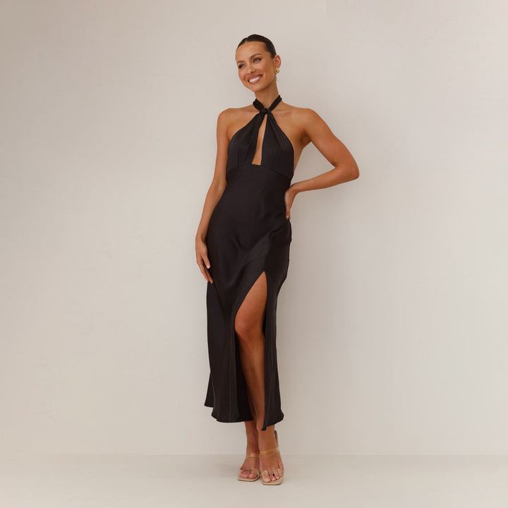 Damen Maxikleid mit elegantem Halterneck-Design und fließendem Satin-Finish Drune