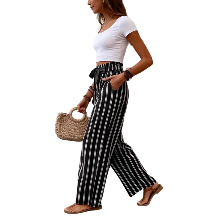 Damen breite Streifenhose mit elastischem Bund und Taillenkordel Drune