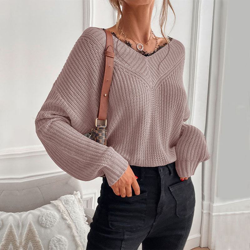 Damen lässiger Strickpullover mit modernem V-Ausschnitt und lockerer Passform Drune