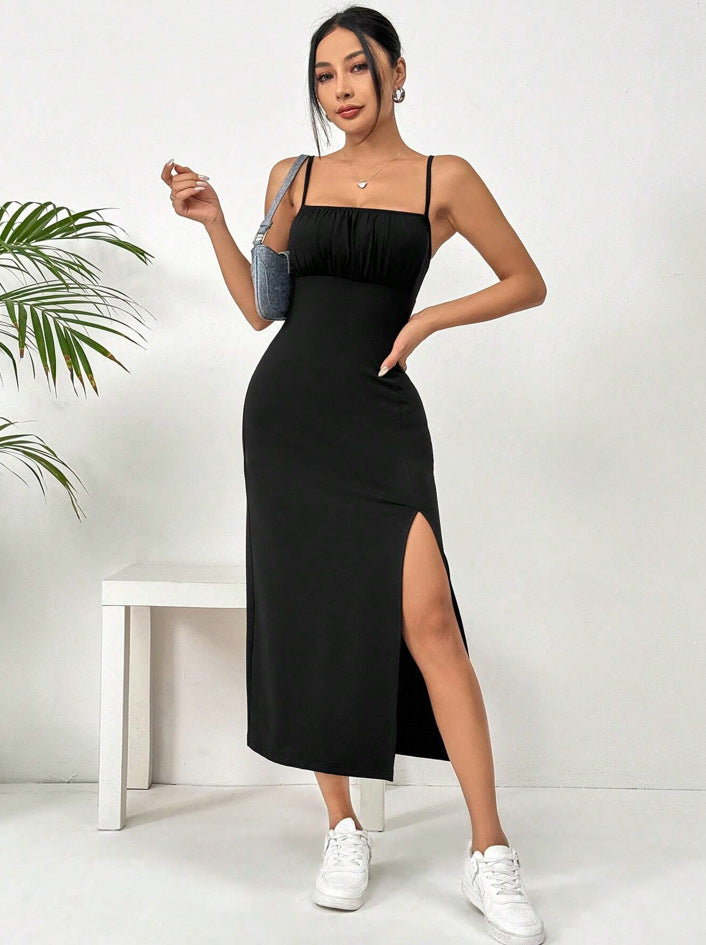 Damen figurbetontes Maxikleid mit elegantem Schlitz und schmalen Spaghetti-Trägern Drune