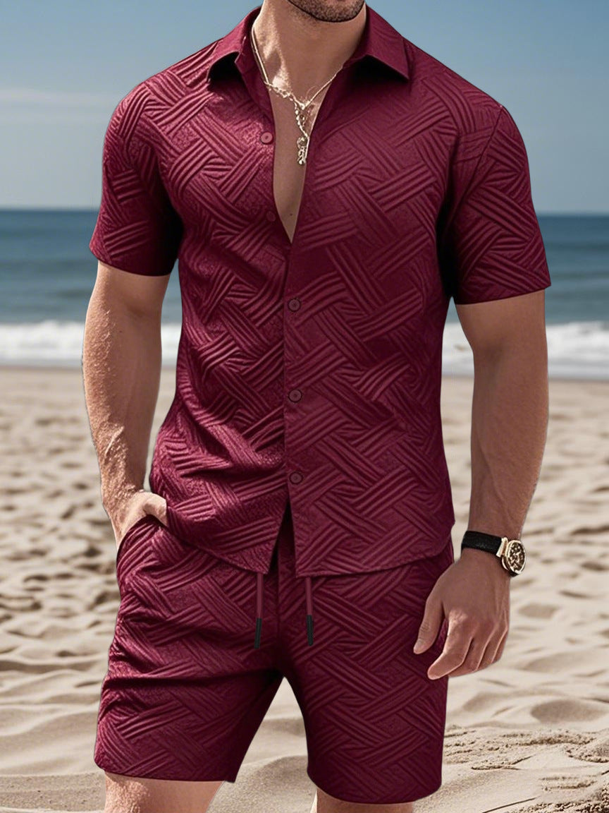 Herren nan geprägtes Strand-Ensemble mit offenem Kurzarm-Hemd und Kordel-Bermuda Drune