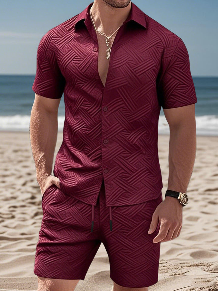 Herren nan geprägtes Strand-Ensemble mit offenem Kurzarm-Hemd und Kordel-Bermuda Drune