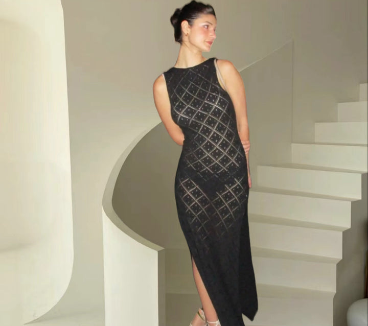 Damen Maxikleid mit dekorativem Rautengewebe und seitlichem Schlitz Drune