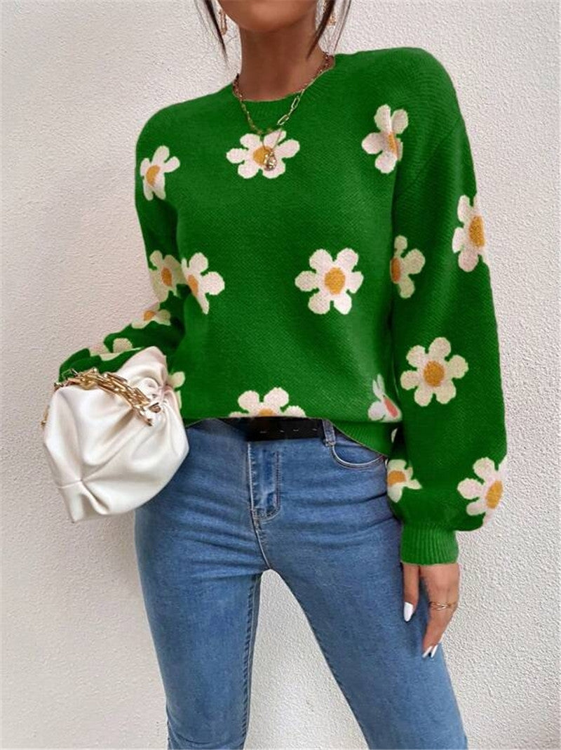 Damen Strickpullover mit verspieltem Blumenmuster und eleganten Puffärmeln Drune