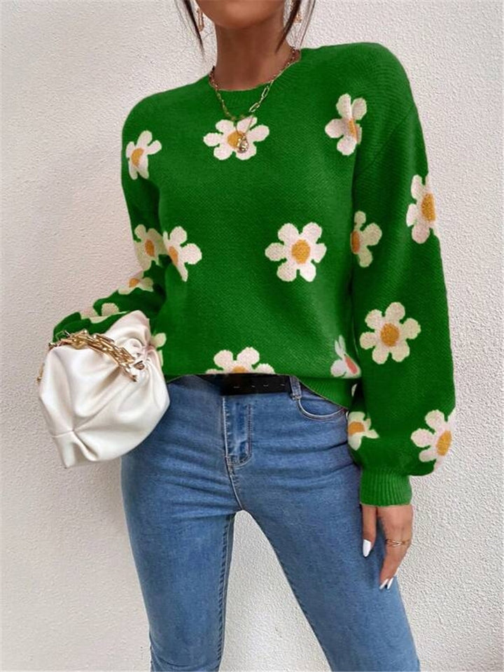 Damen Strickpullover mit verspieltem Blumenmuster und eleganten Puffärmeln Drune