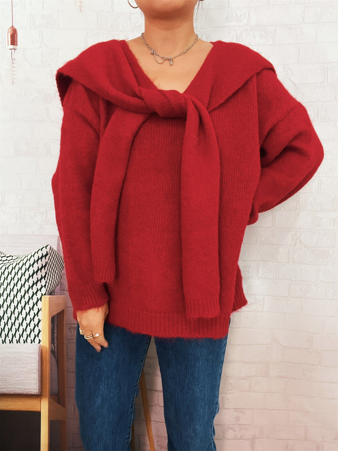 Damen lässiger Strickpullover mit abnehmbarer Kapuze und Knopfdetails Drune