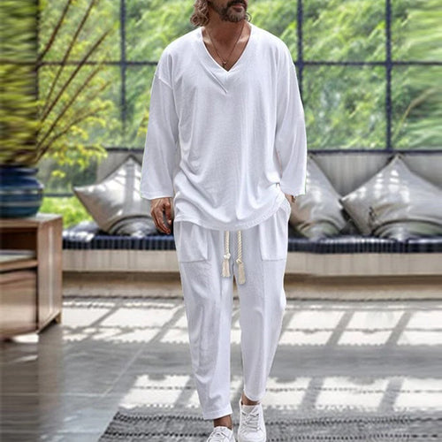 Herren lässiges Sommer-Loungewear-Set mit V-Ausschnitt und elastischem Bund Drune