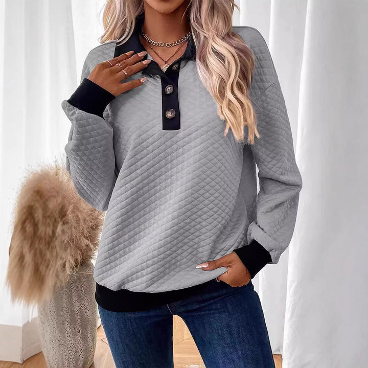 Damen lässiger Sweatpullover mit strukturiertem Kragen und Knopfleiste Drune