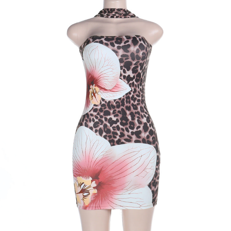 Damen figurbetontes Minikleid mit floralem Leopardenmuster und schulterfreiem Design Drune