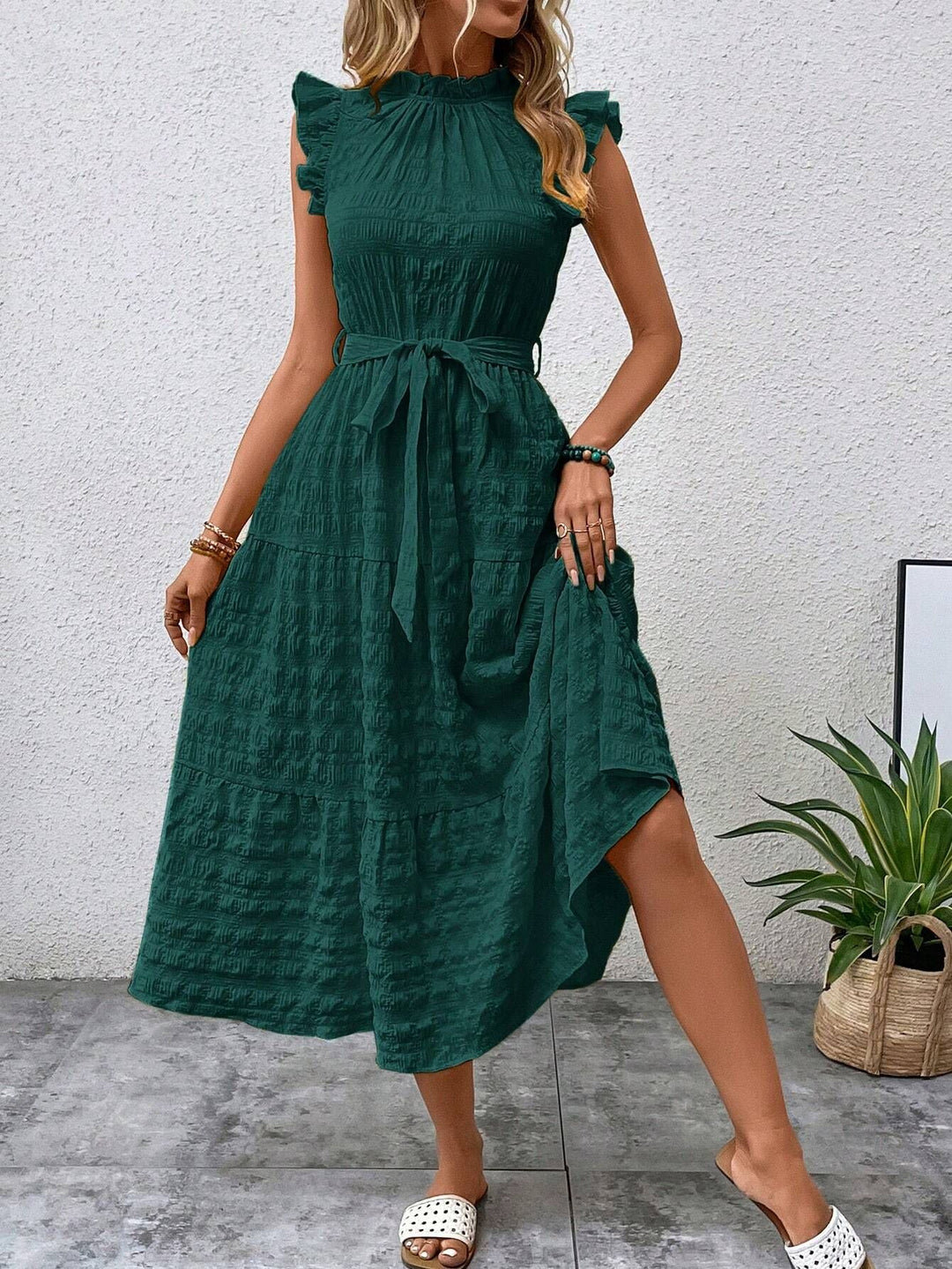 Damen Midi-Kleid mit Rüschenärmeln und Taillengürtel Drune