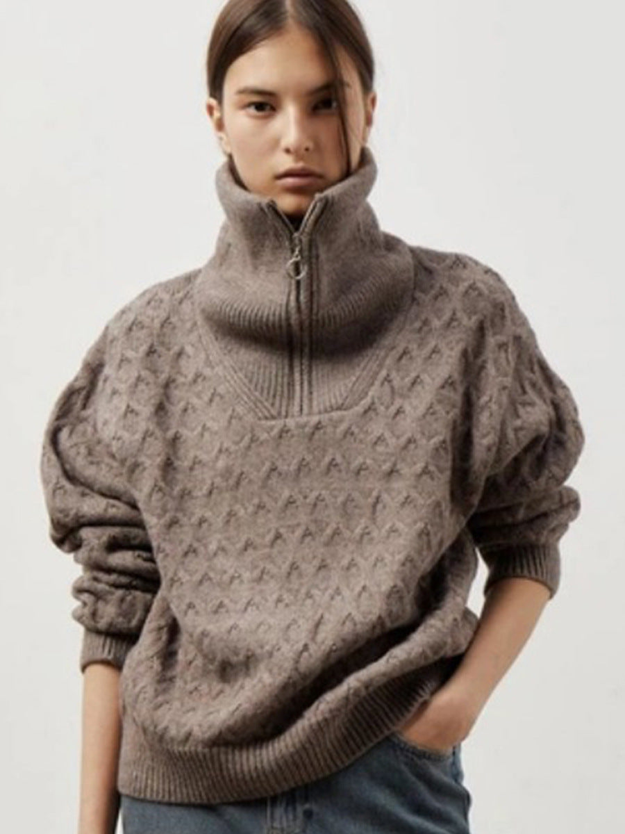 Damen Sportlicher Stehkragenpullover mit Zipper und Struktur Drune