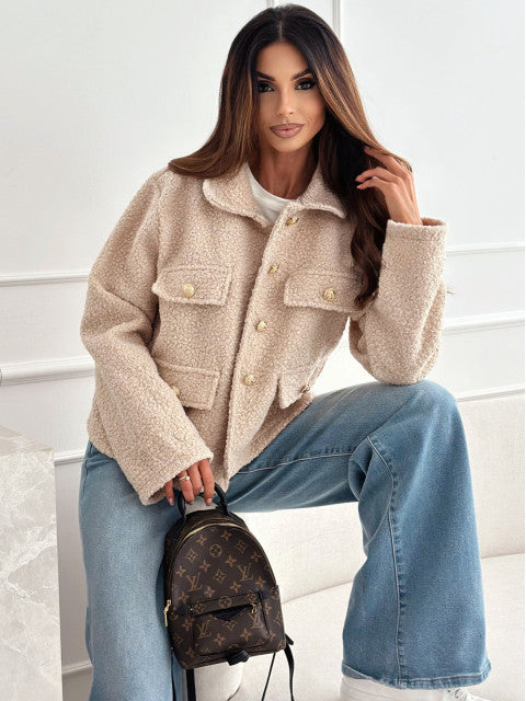 Damen Teddyjacke mit praktischen Taschen und eleganten Knopfdetails Drune
