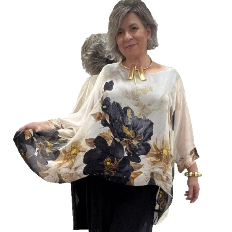 Damen nan luftige Chiffon-Tunika mit Fledermausärmeln asymmetrischem Saum und floralem Druck Drune