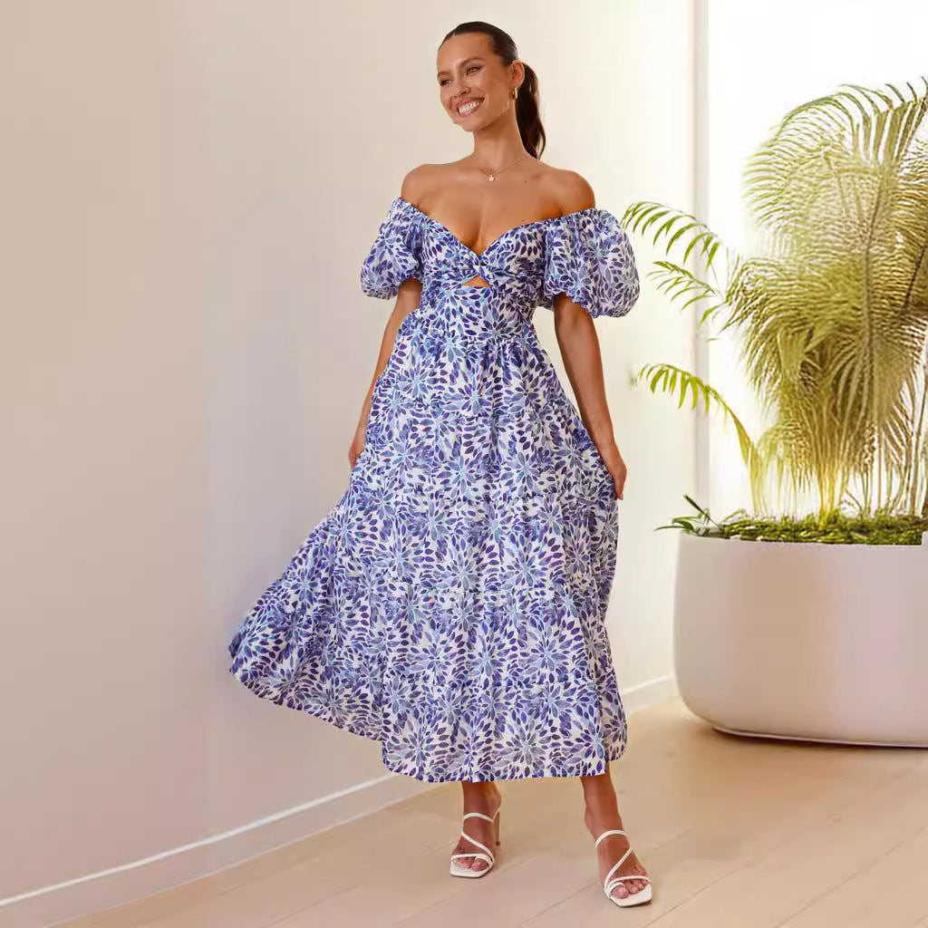 Damen Maxikleid mit voluminösen Puffärmeln und floralem Muster Drune
