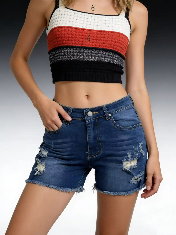 Damen Destroyed Denim-Shorts mit lässigem Schnitt und ausgefranster Kante Drune