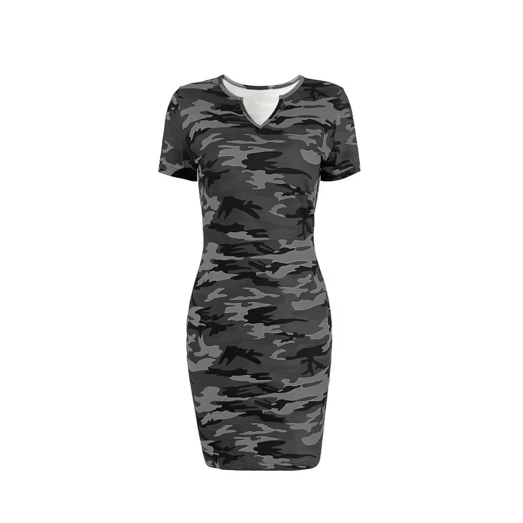 Damen figurbetontes camouflagemuster Kleid mit Kurzarm und V-Ausschnitt Drune